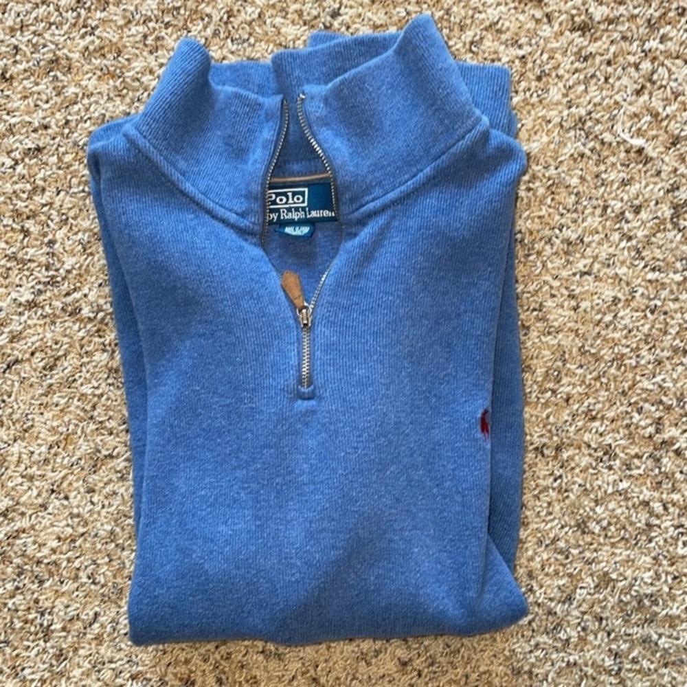 Polo Ralph Lauren 1/4 zip men’s blue medium weight cotton long sleeve shirt polo - Picture 2 of 5